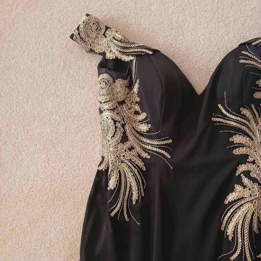 Black and Gold Asymmetrical Embellished Prom Gown - Picture 6 of 10